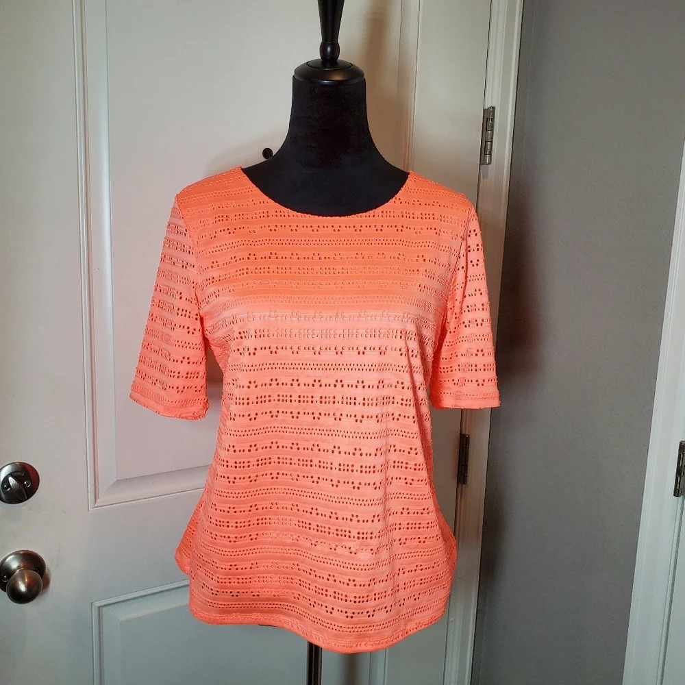 APT. 9 Crewneck Two Layer Short Sleeve Knit Top Shirt Coral Pink Size PL